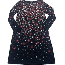 J Jill Wearever Dress Size Small Black Red Floral Boat Neck Long-Sleeved 139041