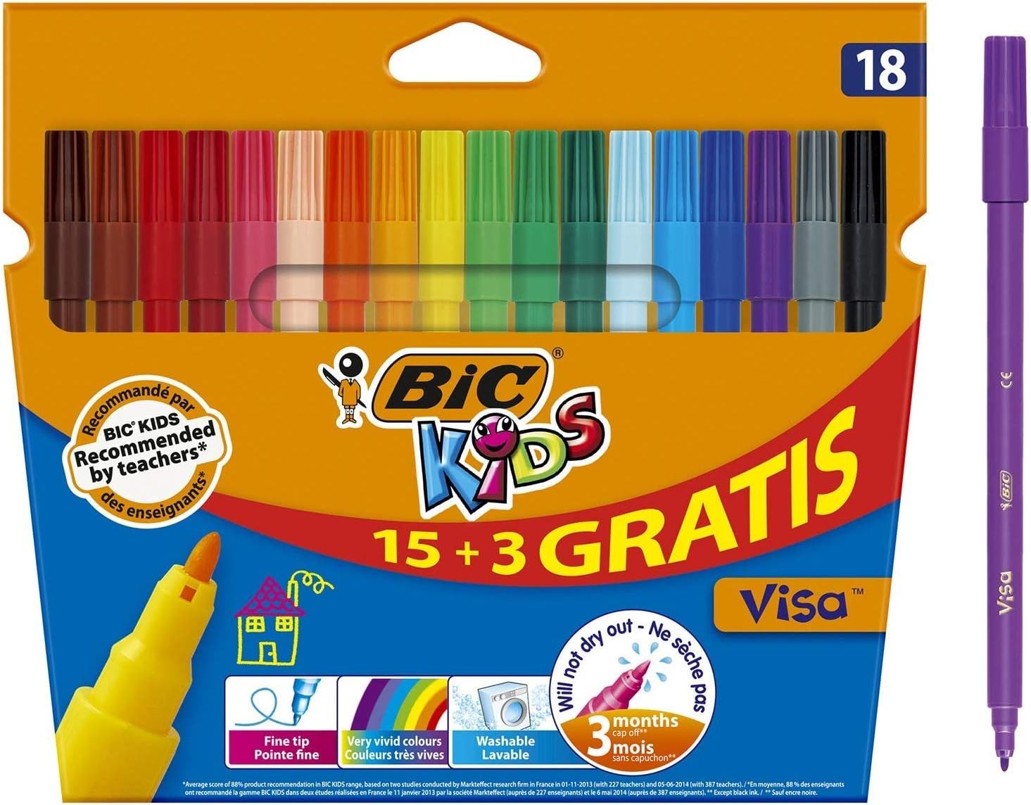 BIC Kids Visa Felt Tip Pens, Fine Tip, Very Vivid Colouring Pens, Washable Mark
