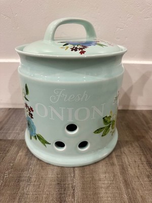 Pioneer Woman Onion Keeper Stoneware Melody Mint Floral Green Keeps Onion Fresh