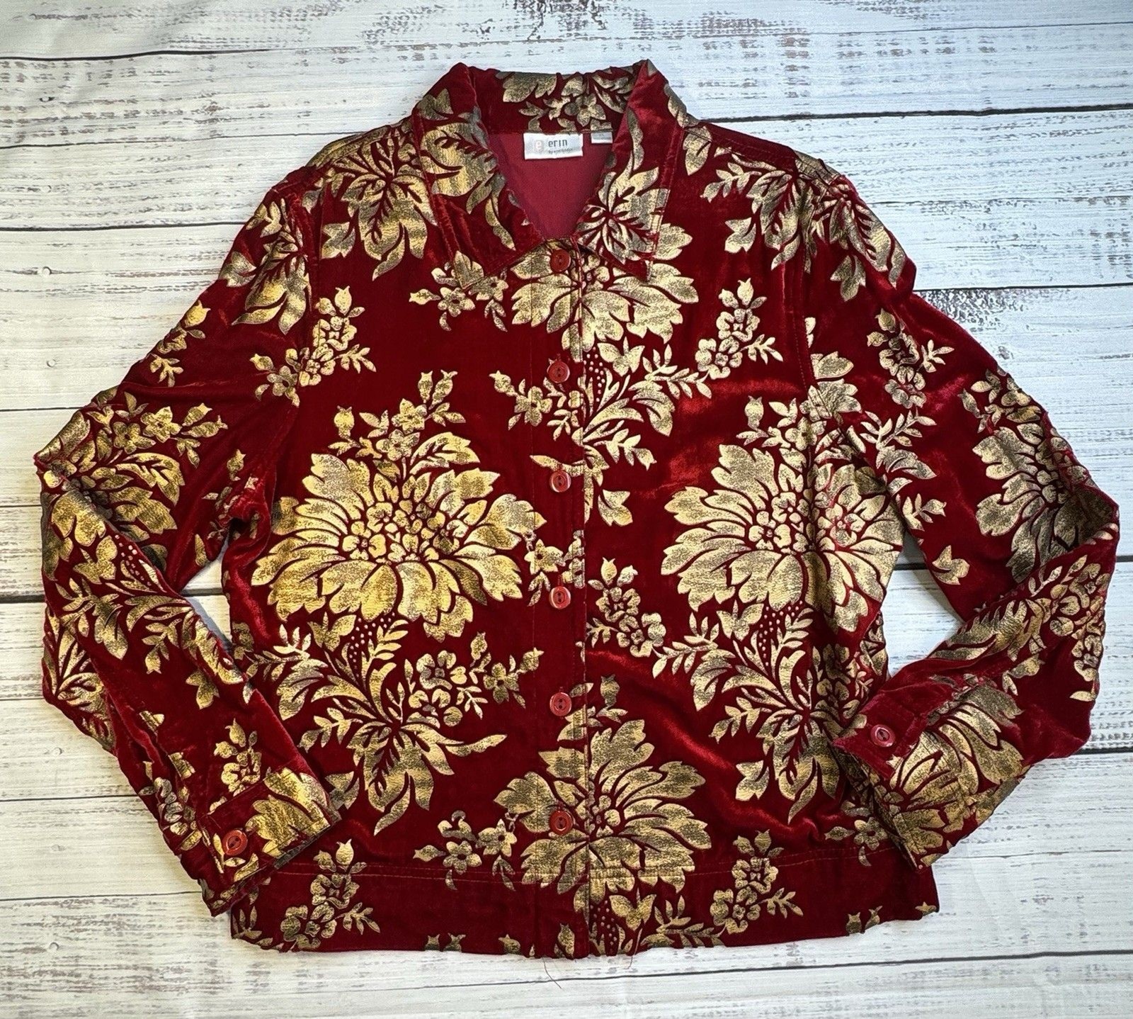 Erin London Velvet Brocade Jacket Womens XL Red Gold Floral Button Up