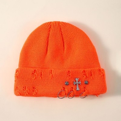 Chrome Hearts Orange Beanie with Cross Adjustable Men's One Size Casual
