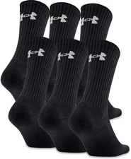 6 Pair UNDER ARMOUR Men Crew Socks BLACK Size Large 8-12 Cotton Pack