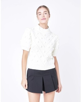 English Factory White Puff Sleeve Sweater Knit Top Women s S Short Sleeve