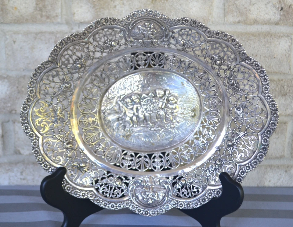 Antique German Hanau 800 Silver Reticulated and Repousse Putti Bowl Basket - Image 2 of 4