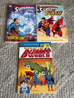 3 grandes libros de tapa blanda Phantom Zone/Superman Flash Races/Bizarro todos como nuevos
