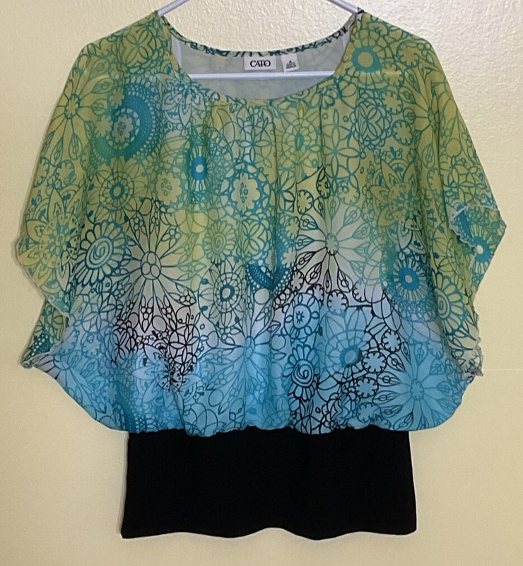 CATO Women's Short Sleeve Pullover Lined Blouse BLUE/YELLOW/BLK Size M