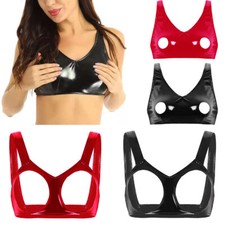 Women Sexy Cupless Bra PVC Leather Nipples Open Cup Lingerie Underwear Club Tops