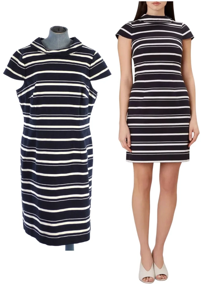 Hobbs Dress Striped Navy White Aleah Sheath Short Sleeve Back Zip size UK 14