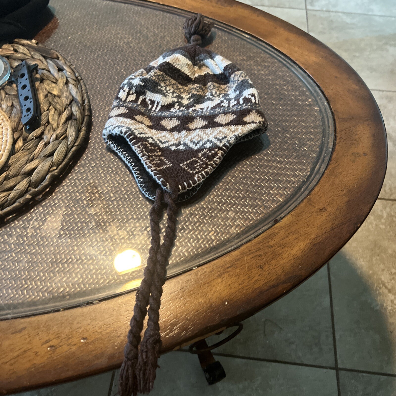 Beanie Knit Hat Cap Ear Flaps Tassel Wool With Fleece Lining Mustard Olive NWOT-image