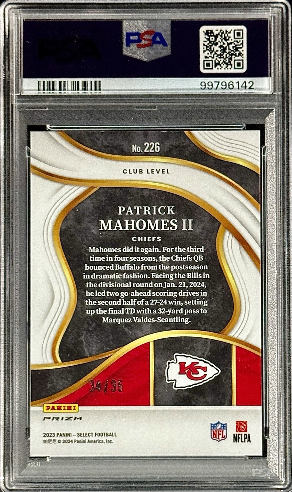 Patrick Mahomes II PSA 9 - 2023 Select #226 WHITE PRIZM /35 - Kansas City Chiefs view 2