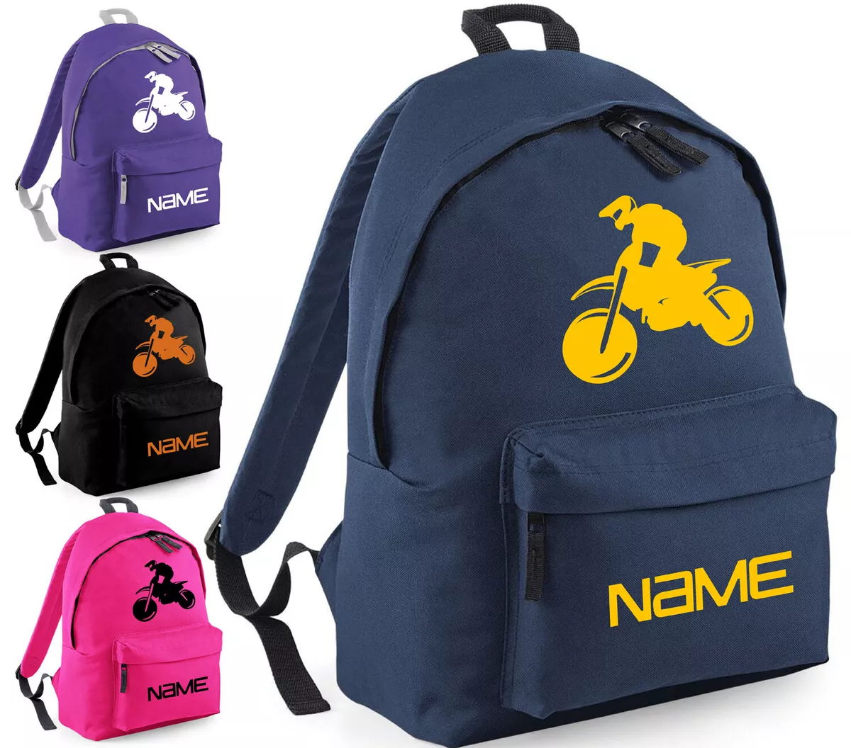 Personalised Childrens Motorbike Backpack Bag Custom Name School Rucksack Gift