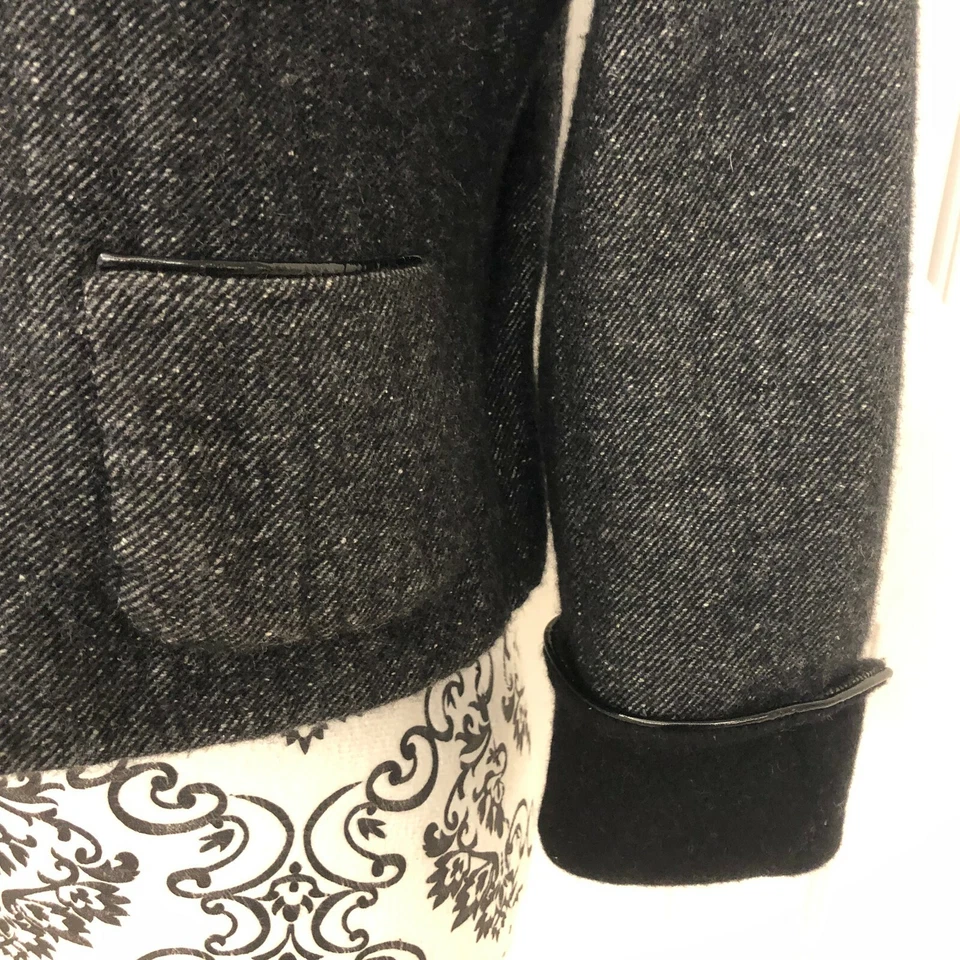 Chaqueta Blazer Mujer Elie Tahari Talla M Mezcla Lana Seda Negro Recortado Cuero Borde Foto 3 de 4