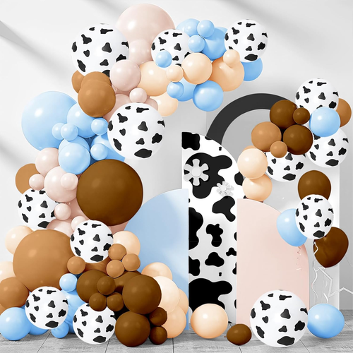 150 Pieces Cow Balloons Garland Arch Kit Cowgirl Cowboy Blue Balloons White Brow