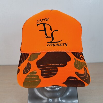 FAITH LOYALTY ADJUSTABLE SNAPBACK TRUCKER/MESH HAT/CAP, CAMO/ORANGE, HIGH-VIS