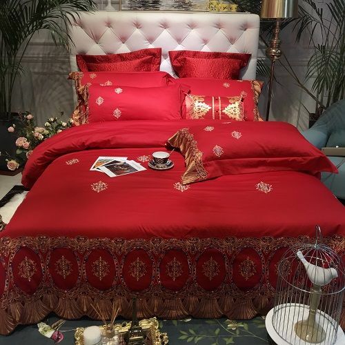 Egyptian Cotton Lace Red Bedding Set Luxury Queen King Size Duvet