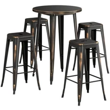 30" Round Distressed Copper Metal Restaurant Bar Table Set with 4 Barstools