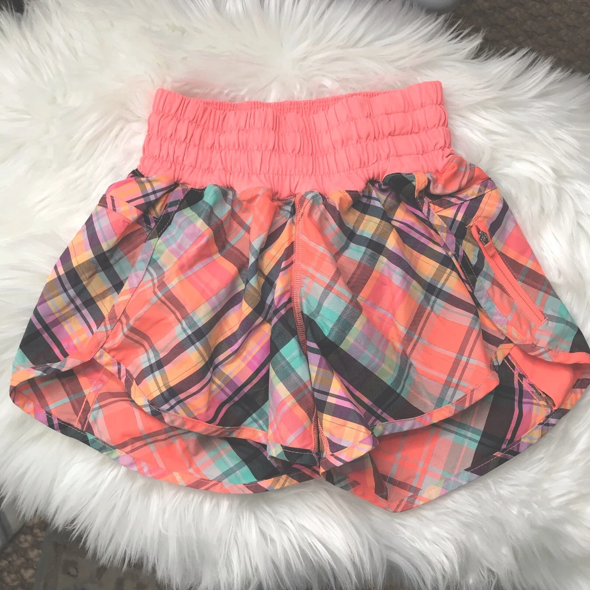 Lululemon Neon plaid running shorts zip pocket sz 2 eBay