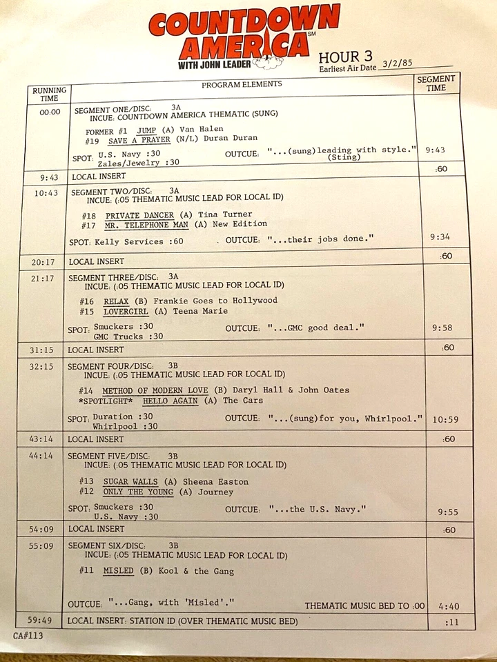 3/2/85 JOHN LEADER'S COUNTDOWN AMERICA FEATURES THE CARS; PRINCE/APOLLONIA, TIME - Image 4 of 4