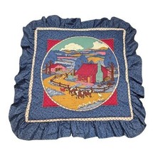 Vintage Quilted Farm Scene Pillow Sham Blue Floral Ruffle Folk Art Country