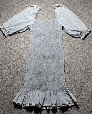 Tea n Rose Puff Sleeve Smocked Bodycon Mini Dress Size L Blue Denim Pullover