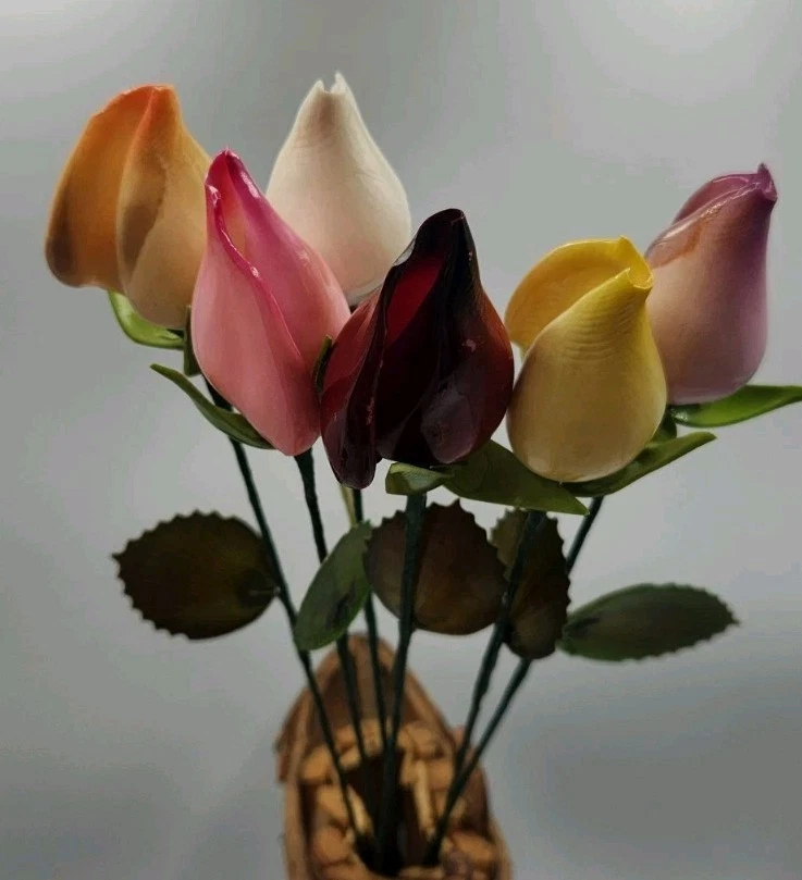 Juego de 6 brotes de rosa de tallo largo pintados a mano Seashell Foto 2 de 4