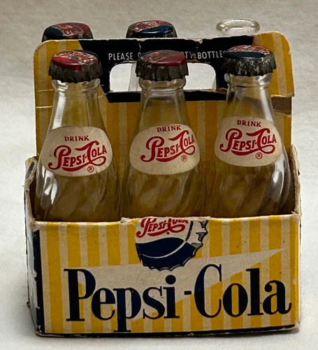Vintage Miniature Pepsi Cola Carrier 6 Pack w/ Bottles 1 Coca Cola 2 1/2" bottle
