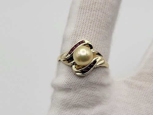 10k Golden Color Pearl & Genuine Rubies Yellow Gold Ladies Ring Size 7 - Picture 9 of 13