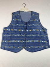 Willow Bay VTG Denim Vest Womens XXL Blue Floral Embroidered Button Front RETRO