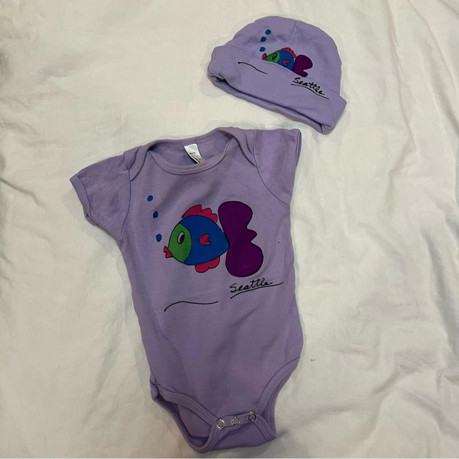 Handmade Hand Painted Seattle Fish One Piece with Matching skull Cap size 3-6m