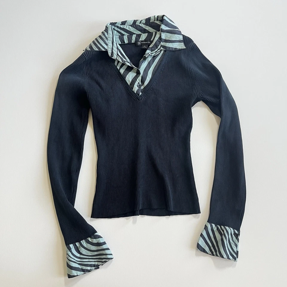 Suéter Henley de Manga Larga a Rayas Años 2000 Y2K Top Gótico Grunge Talla Mediana Foto 3 de 4