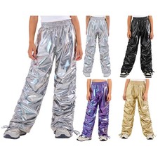 Girls Trousers Flare Metallic Pants Latin Straight-leg Waistband Holographic