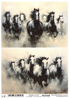 Reispapier A4 Strohseide weißes schwarzes Pferd Rappen Galopp Gemälde RE4058