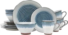 Talia 16-Piece Casual Blue Stoneware Dinnerware Set – Service for 4, Blue and Wh
