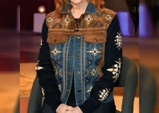 The Voice 2024 Reba McEntire Embroidered Suede Denim Jacket for Women Gift