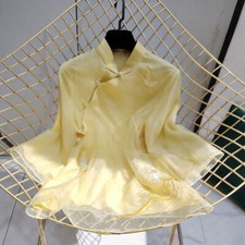 Damen Retro Organza Bluse Oberteil Ethnisch Stickerei Kräne Mandarinkragen Somme