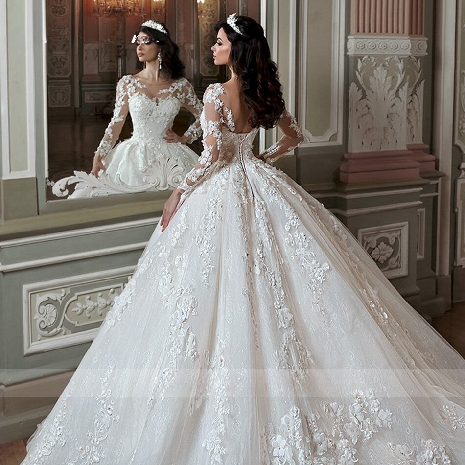 Princess Lace Appliques Ball Gown Long Sleeves Wedding Dresses main image 1