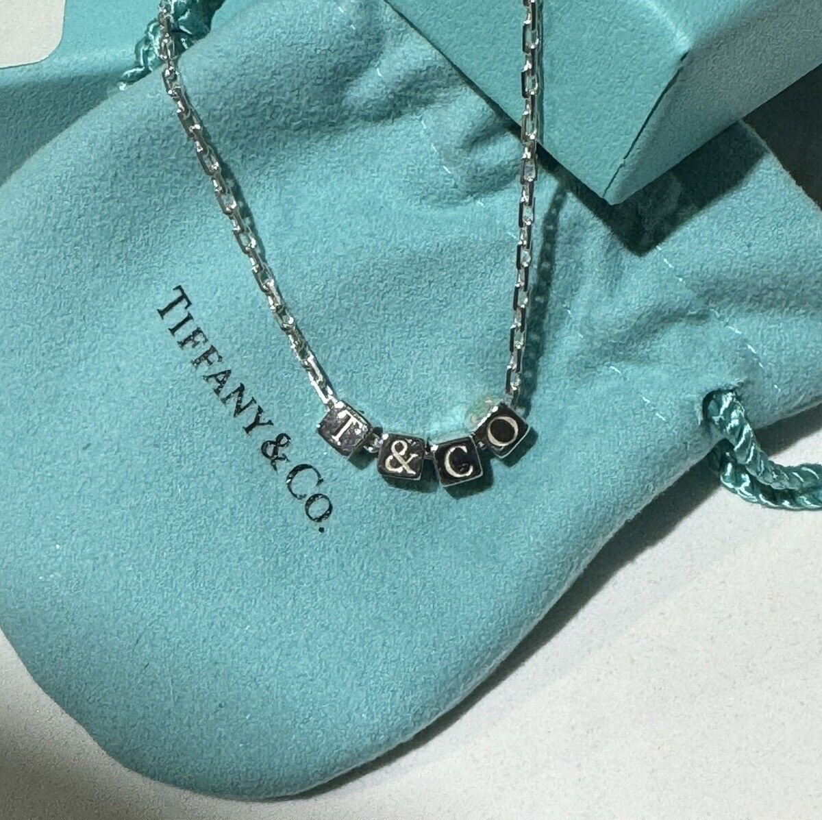 Tiffany Co Sterling Silver, ERA T&CO Block Cube Necklace 18 Inch