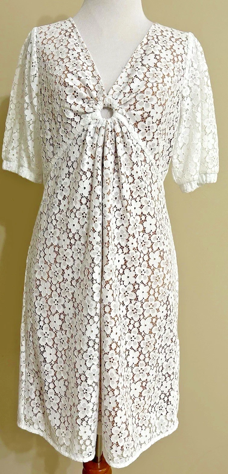 Abito donna Michael Kors taglia 8 bianco scollo a V manica corta linea A nuovo con etichette $195