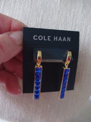 NWT Cole Haan Linear Gold Tone Pierced Earrings/ Blue Crystals- $78