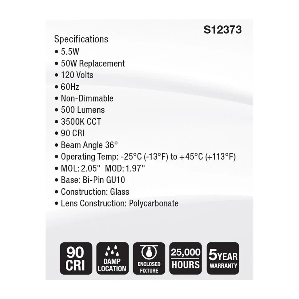 Satco S12373 - 5.5 Watt MR16 LED Floodlight - 3500K CCT - 120V (2,6, or 12 PK) - Image 4 of 4