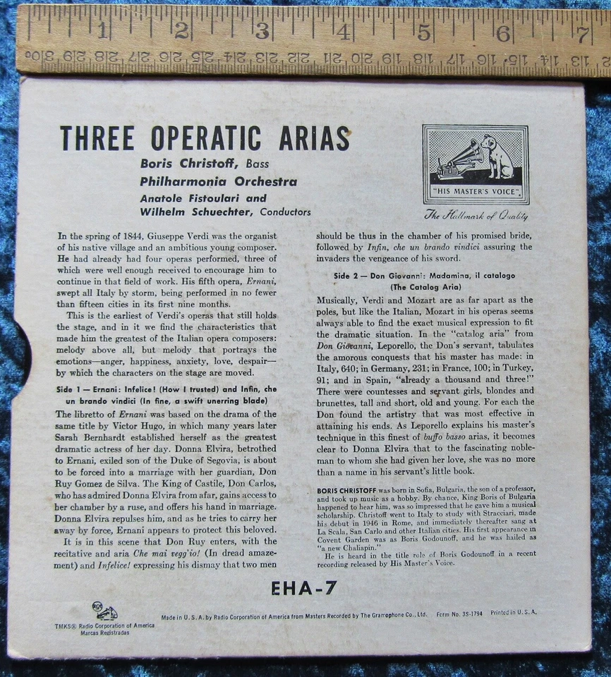 3 Verdi's Operatic Arias by Boris Christoff Rare 7" Board Cover 45 - Image 2 of 3
