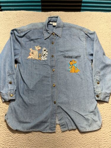 Regina Porter Blouse Button Up Shirt Womens Medium Blue Embroidered Dogs Animal  - Picture 1 of 24