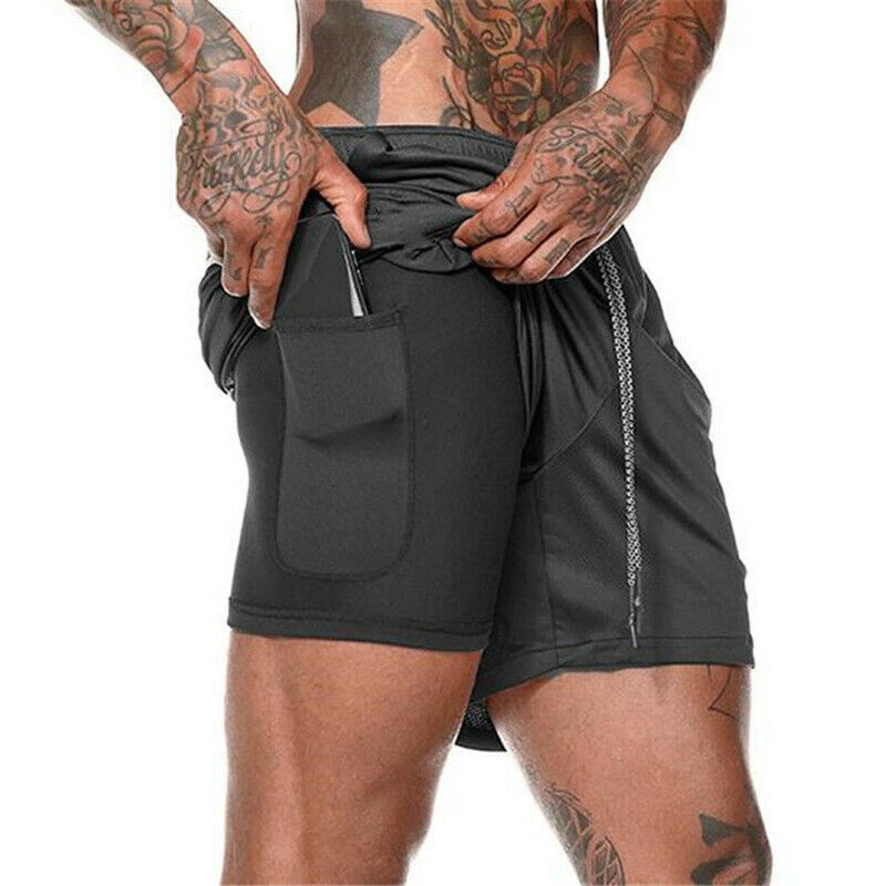 2in1 Running Mens Sports Shorts Built-in Phone Pocket Liner Workout Short  New
