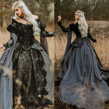 Gothic Black And Gray Ball Gown Wedding Dresses Lace Appliques Puff Long Sleeve