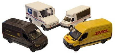 Lot of 4 Diecast Delivery Vans USPS (1:36), DHL, UPS & Airport Shuttle (1:48)