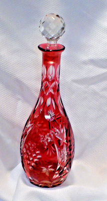 Vintage Bohemian Ruby Red Cut to Clear Decater with Faceted Stopper
