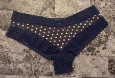 NWT VICTORIA'S SECRET M GRAY PEACH POLKA DOT HEART BLUE LACE RARE CHEEKY PANTIES