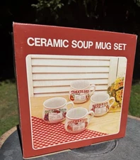 Vintage Soup Recipe Mugs Set of 4 w/ Recipes Tomato Chicken Mushroom Onion Used