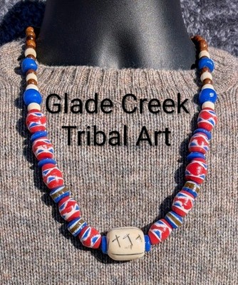 25in Tribal Necklace, African Krobo Glass & Red,White & Blue Beads, Bone, Wood