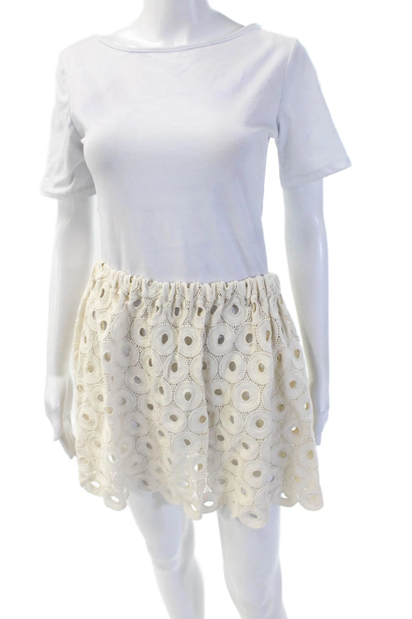 Just Bee Queen Womens Mini Peasant Skirt Beige Cotton Geometric Size S